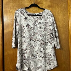 Pure Jill Floral Scoop Neck 3/4 Sleeve Tunic Top - Cream with Taupe Floral
